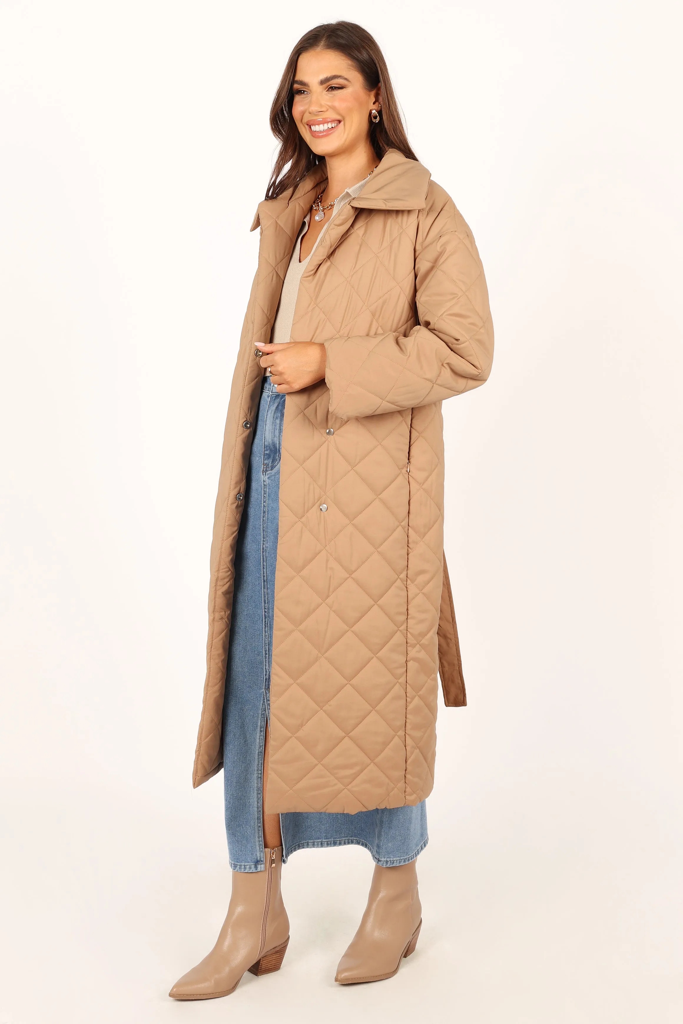 Kallie Quilted Tie Front Coat - Camel