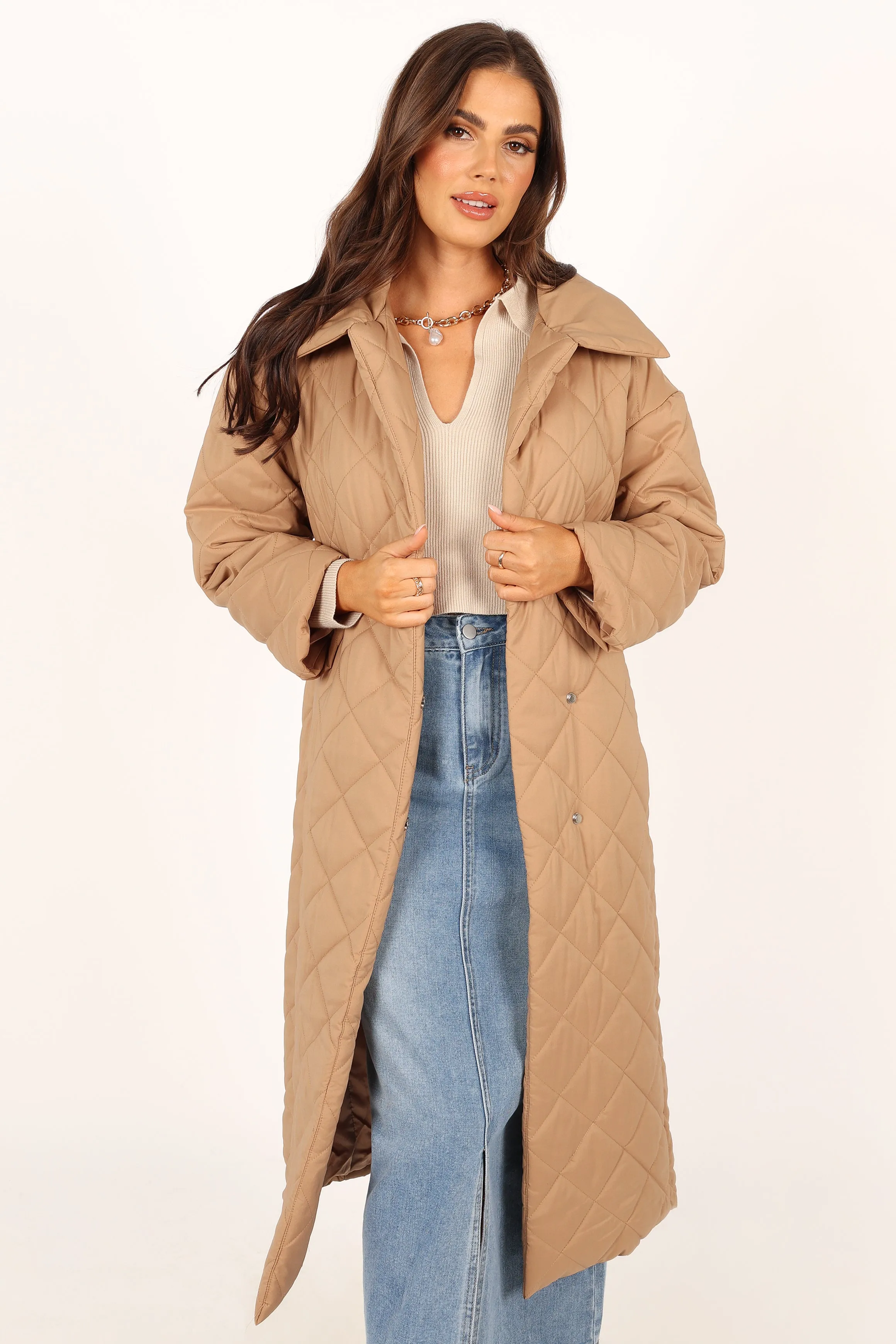 Kallie Quilted Tie Front Coat - Camel