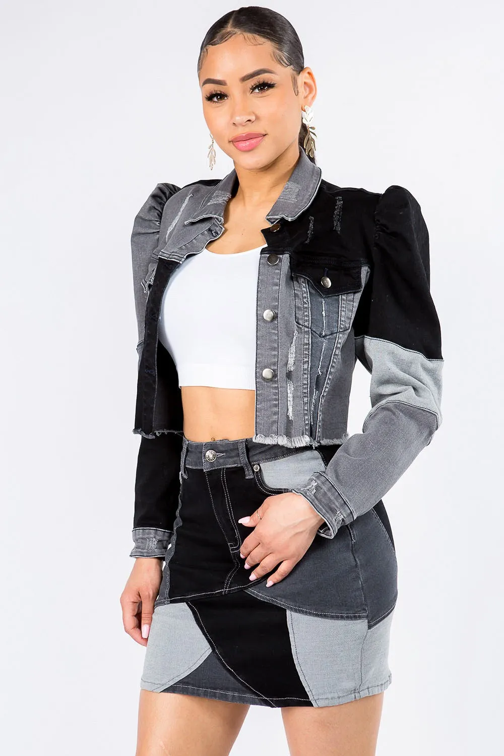 KESLEY Black Patch Jean Jacket Button Up Cropped Patchwork Denim Jacket