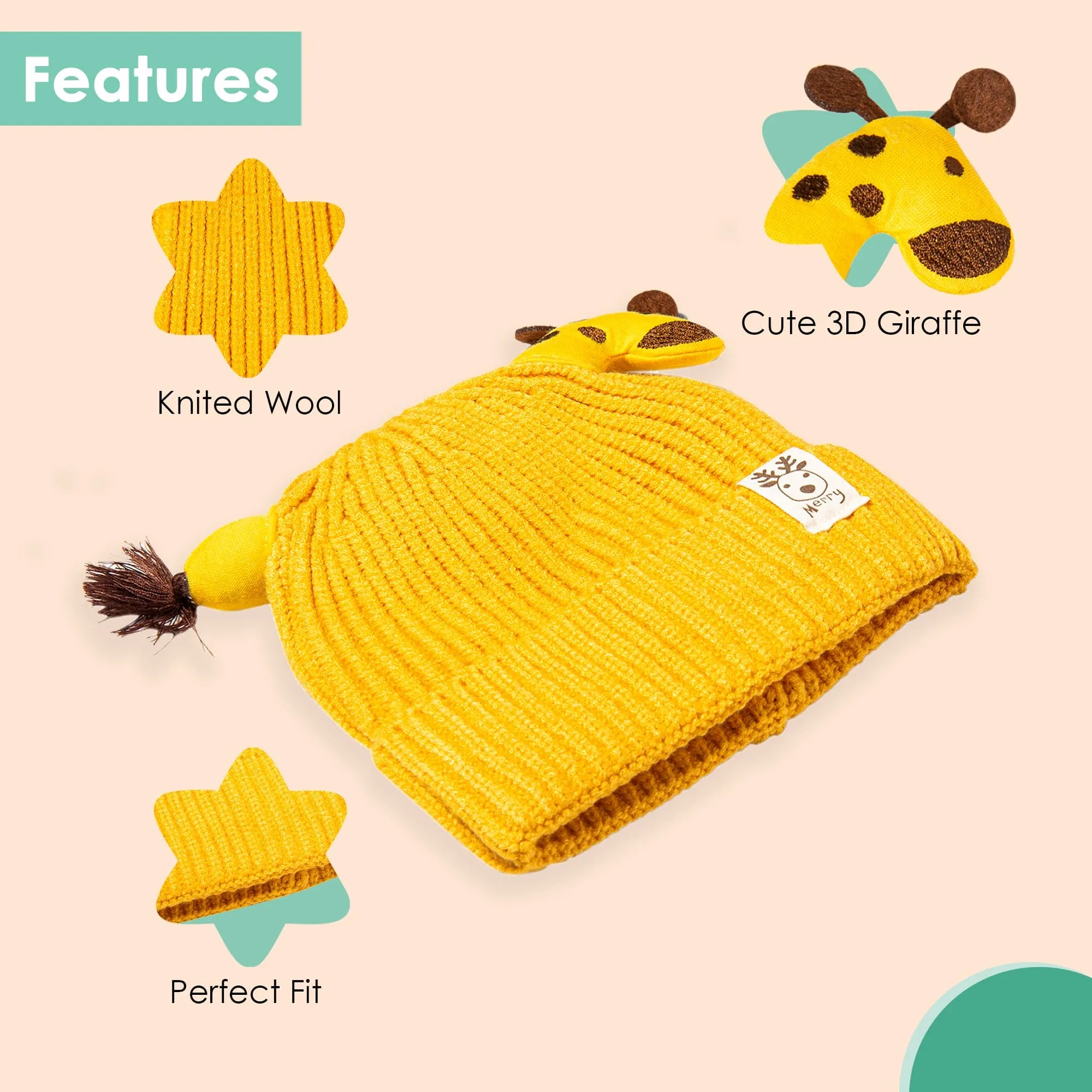 Knit Woollen Cap Winter Beanie 3D Reindeer Antler Yellow