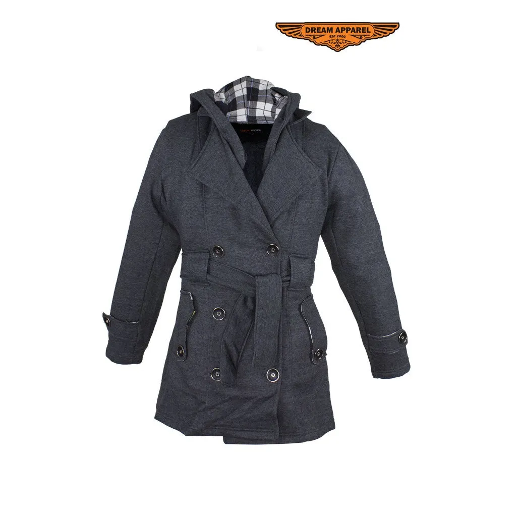 Ladies Dark Grey Button Up Coat W/ Belt and Removable Hood