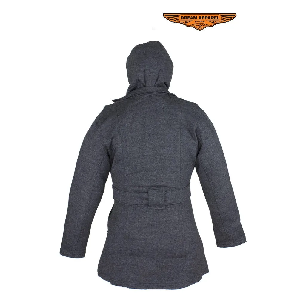 Ladies Dark Grey Button Up Coat W/ Belt and Removable Hood