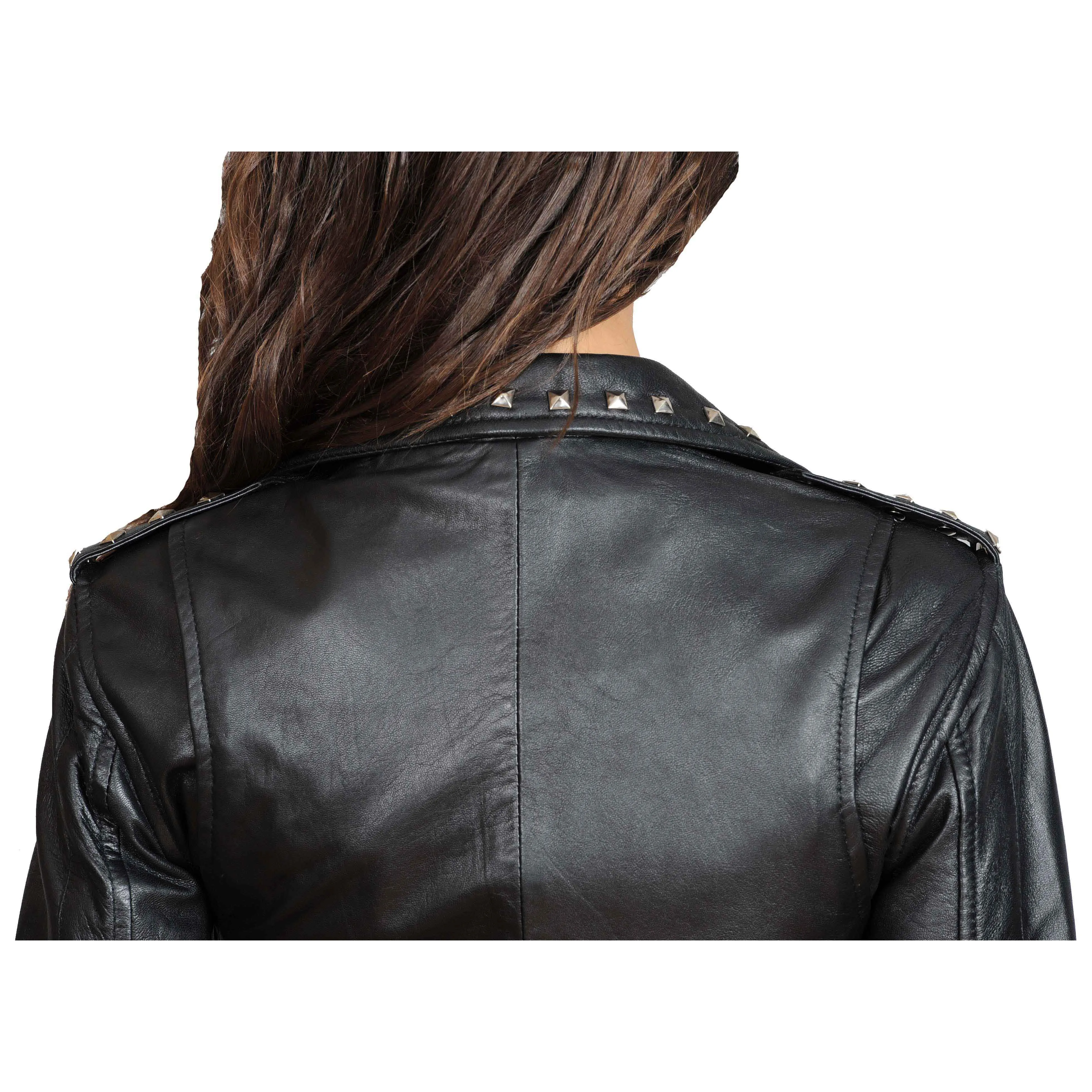 Ladies Studded Cropped Fitted Biker Leather Jacket Diane Black