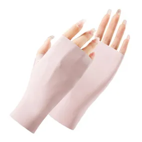 Ladies Sunscreen Gloves Half Finger Ice Silk Gloves,Style: Linked Finger(Pink)