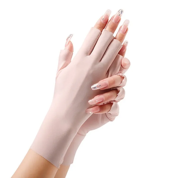 Ladies Sunscreen Gloves Half Finger Ice Silk Gloves,Style: Linked Finger(Pink)