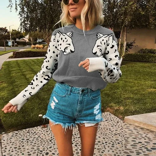 Leopard Pattern Knitted Pullover Sweater