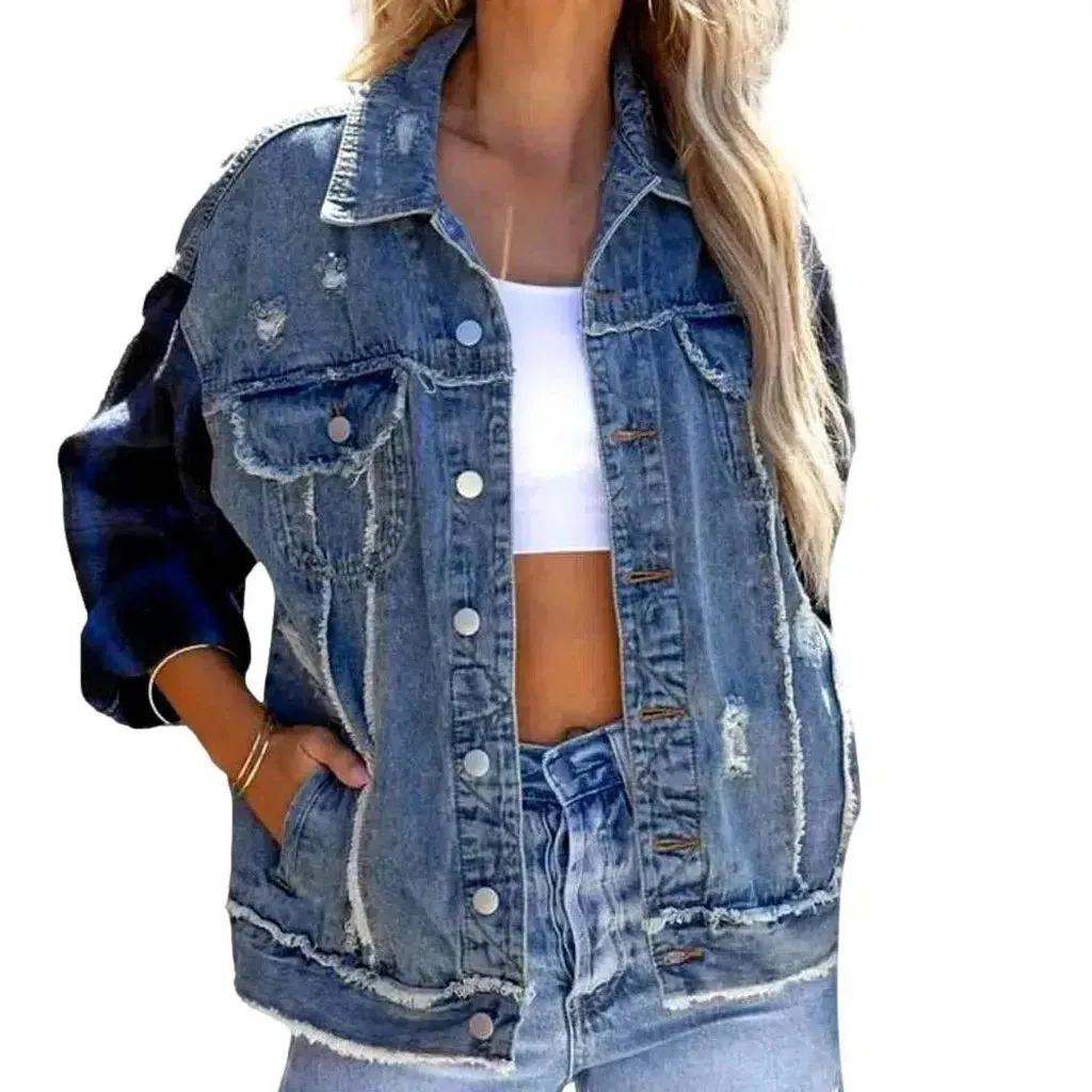 Light-wash distressed jean jacket for ladies