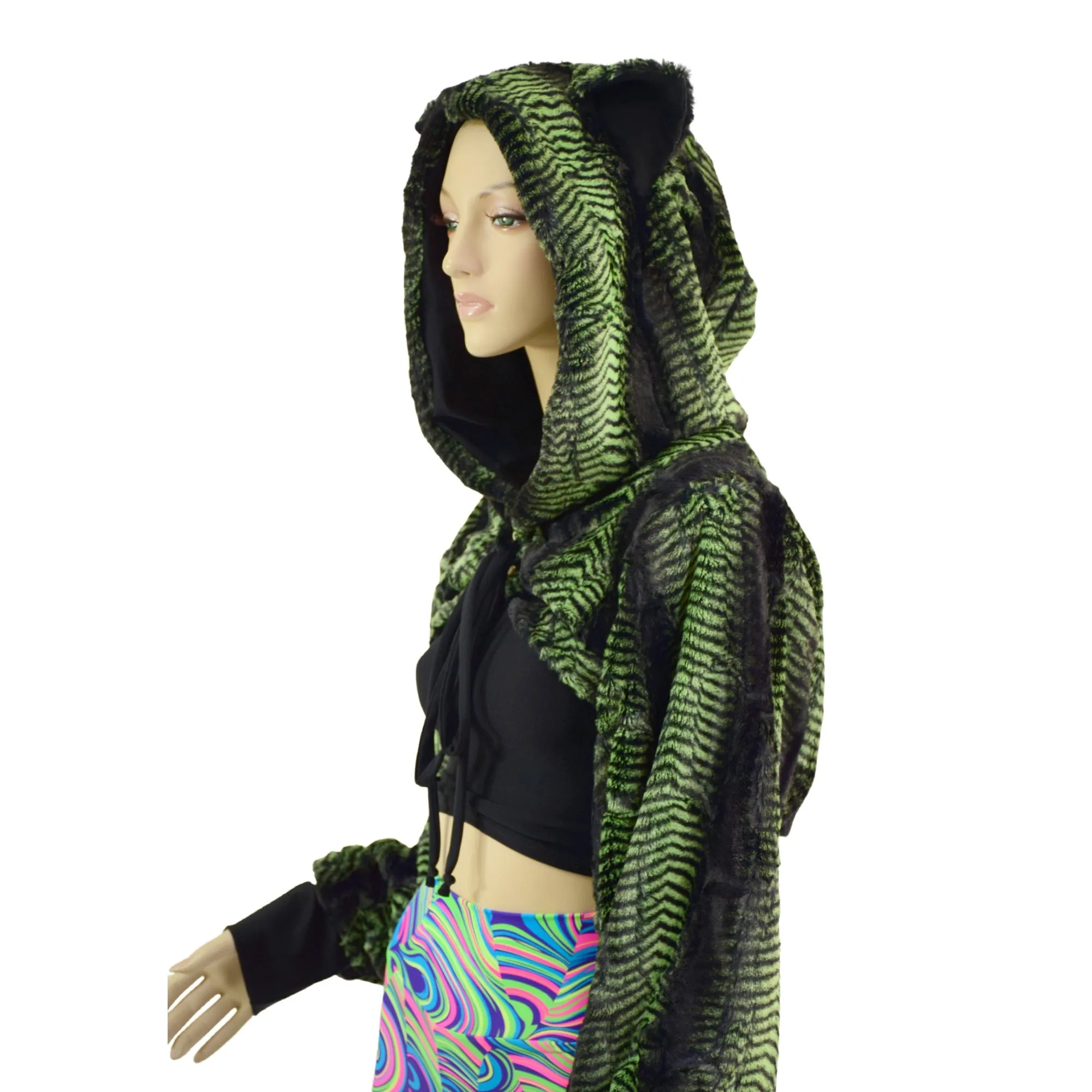 Lime and Black Mamba Balloon Sleeve Kitty Ear Minky Shrug