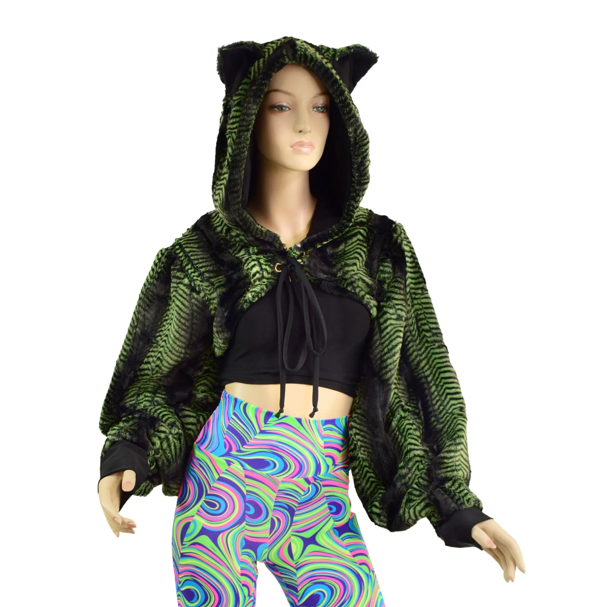 Lime and Black Mamba Balloon Sleeve Kitty Ear Minky Shrug