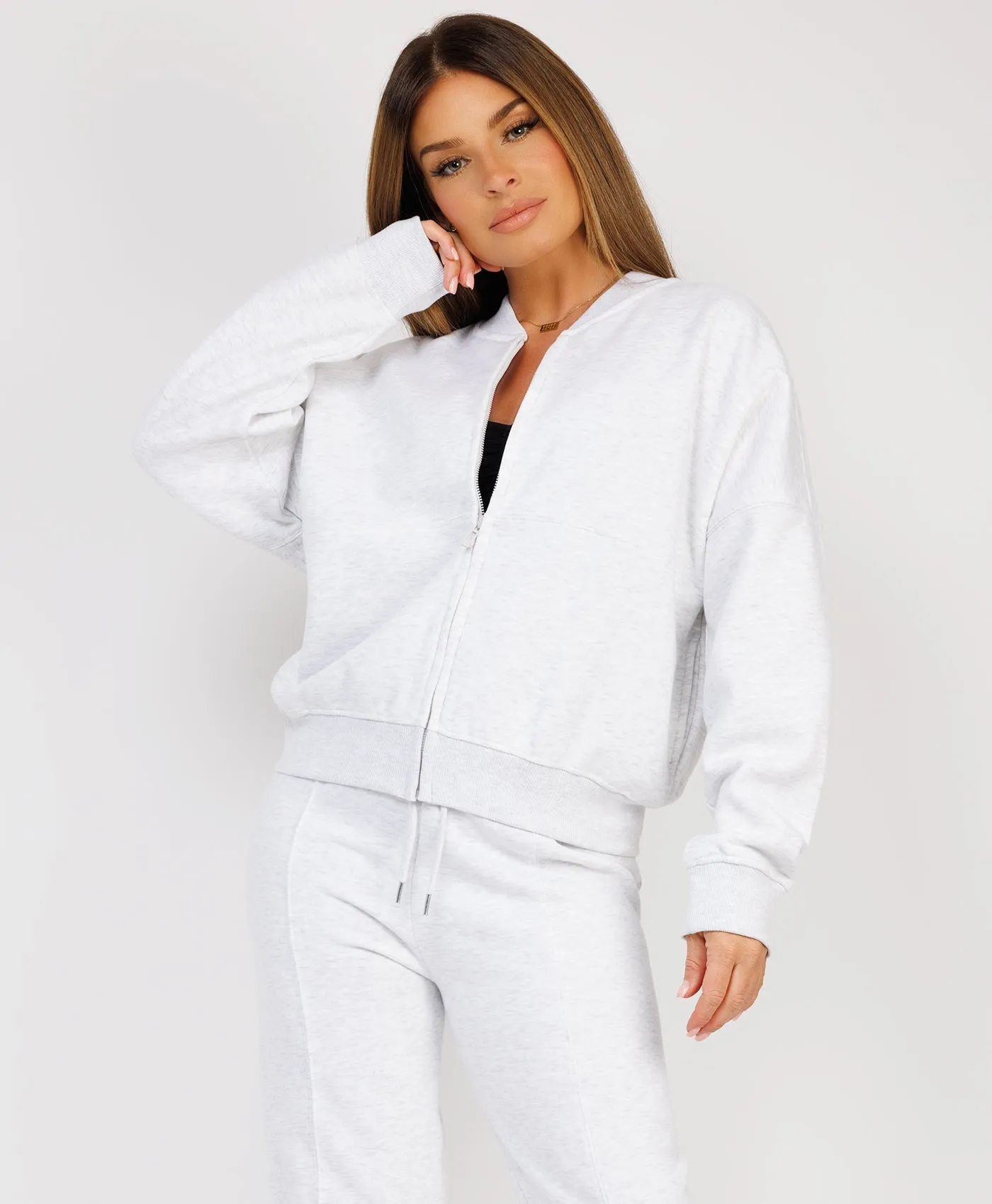 Marl Grey Fleece Bomber Wide-Leg Trousers Tracksuit