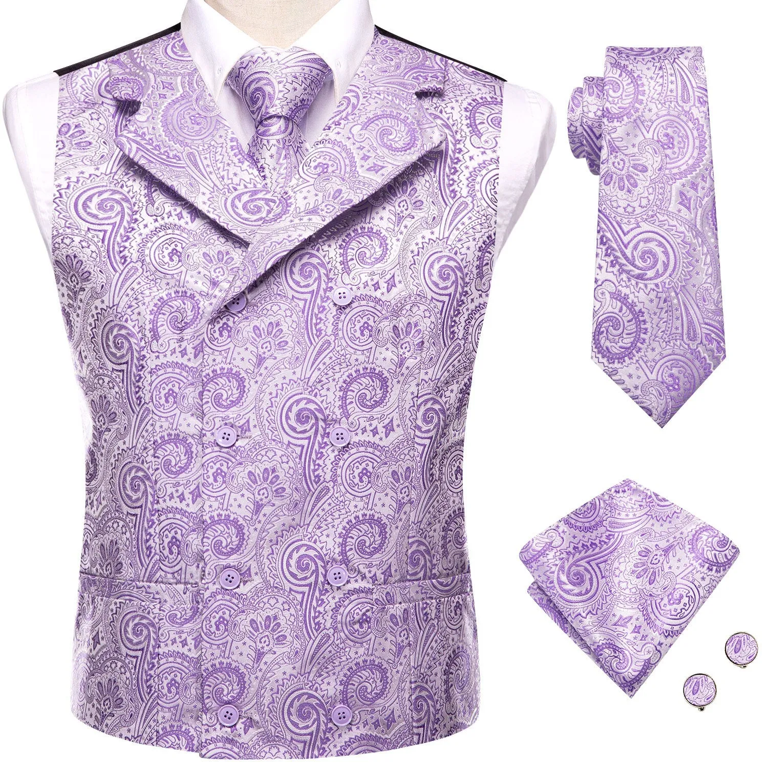 MediumOrchid Lavender Paisley Jacquard Silk Men's Vest Hanky Cufflinks Tie Set