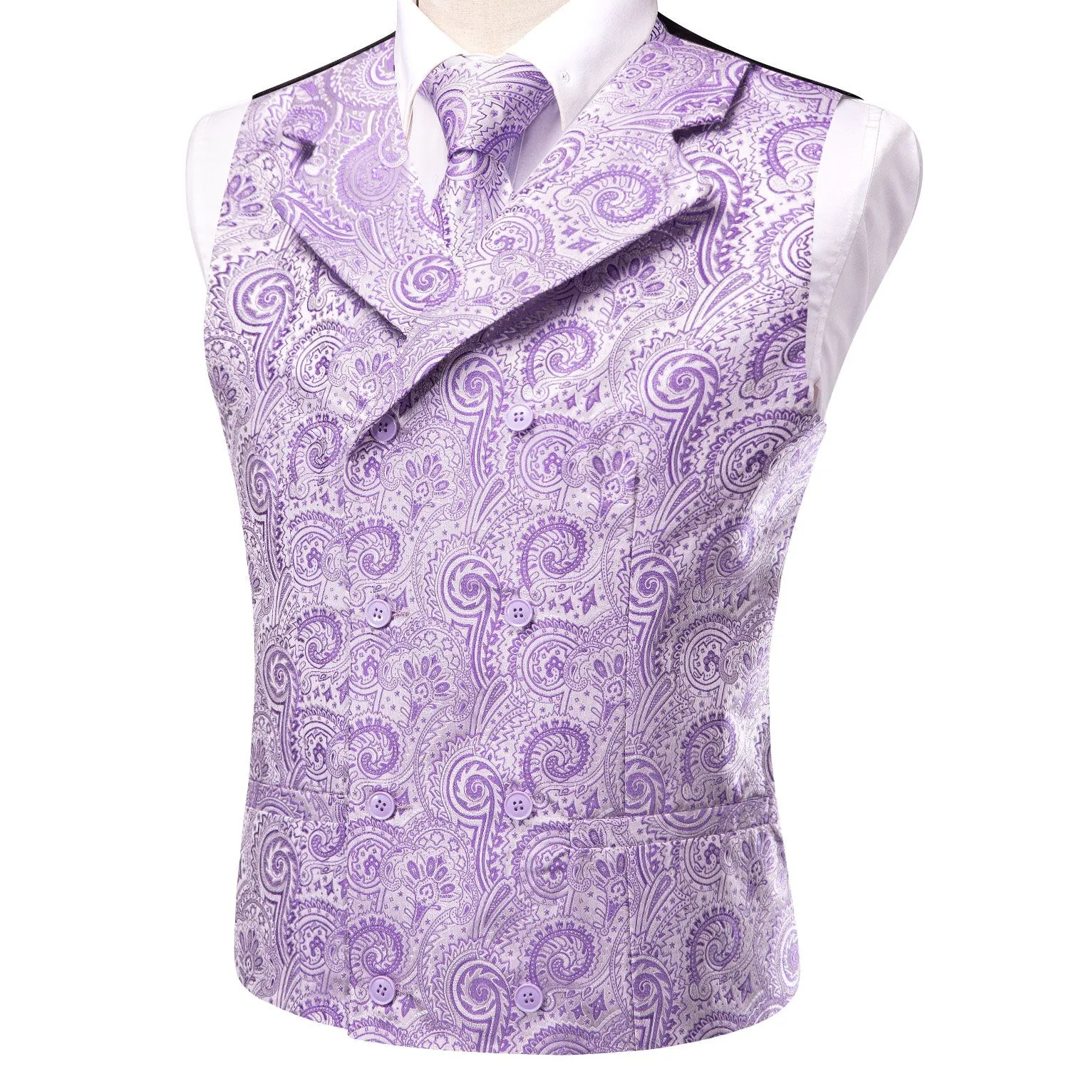 MediumOrchid Lavender Paisley Jacquard Silk Men's Vest Hanky Cufflinks Tie Set