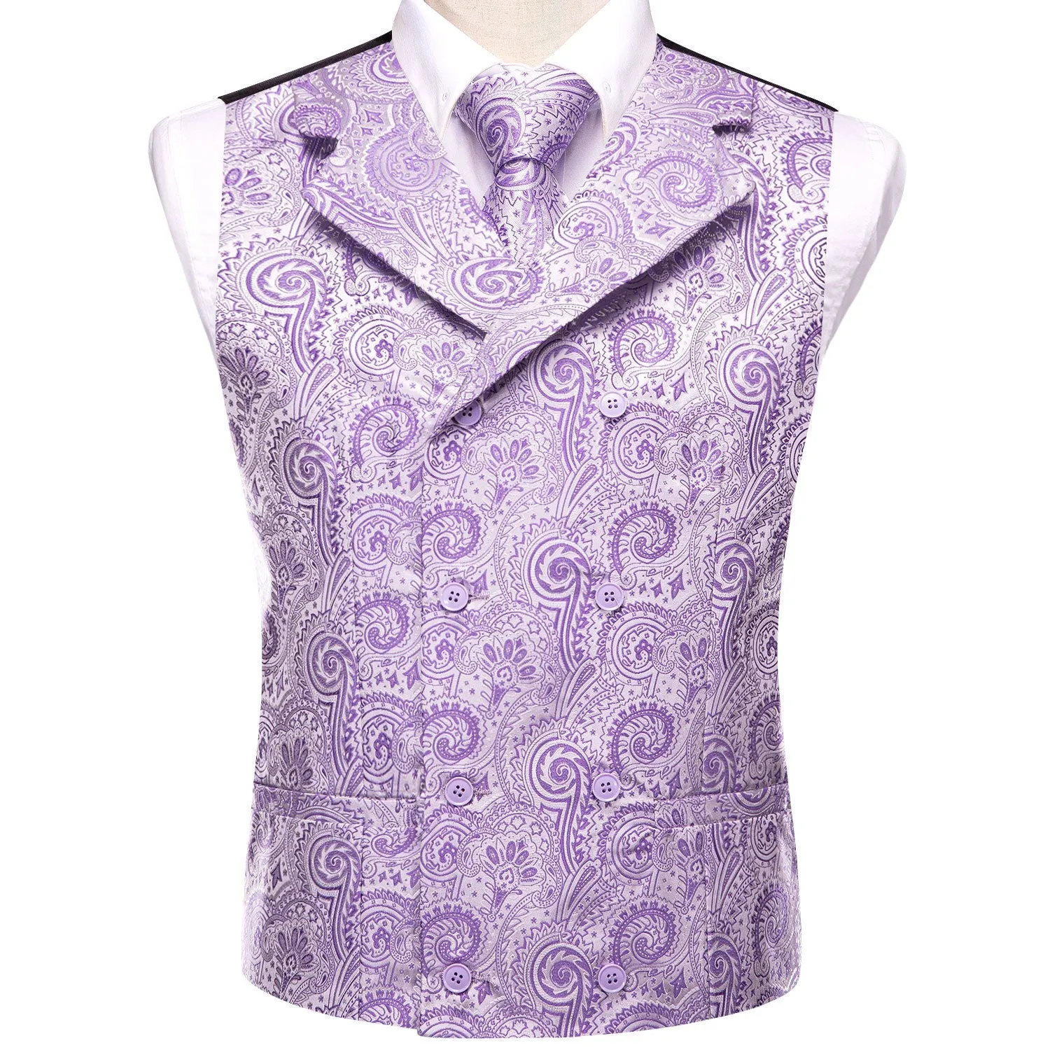 MediumOrchid Lavender Paisley Jacquard Silk Men's Vest Hanky Cufflinks Tie Set