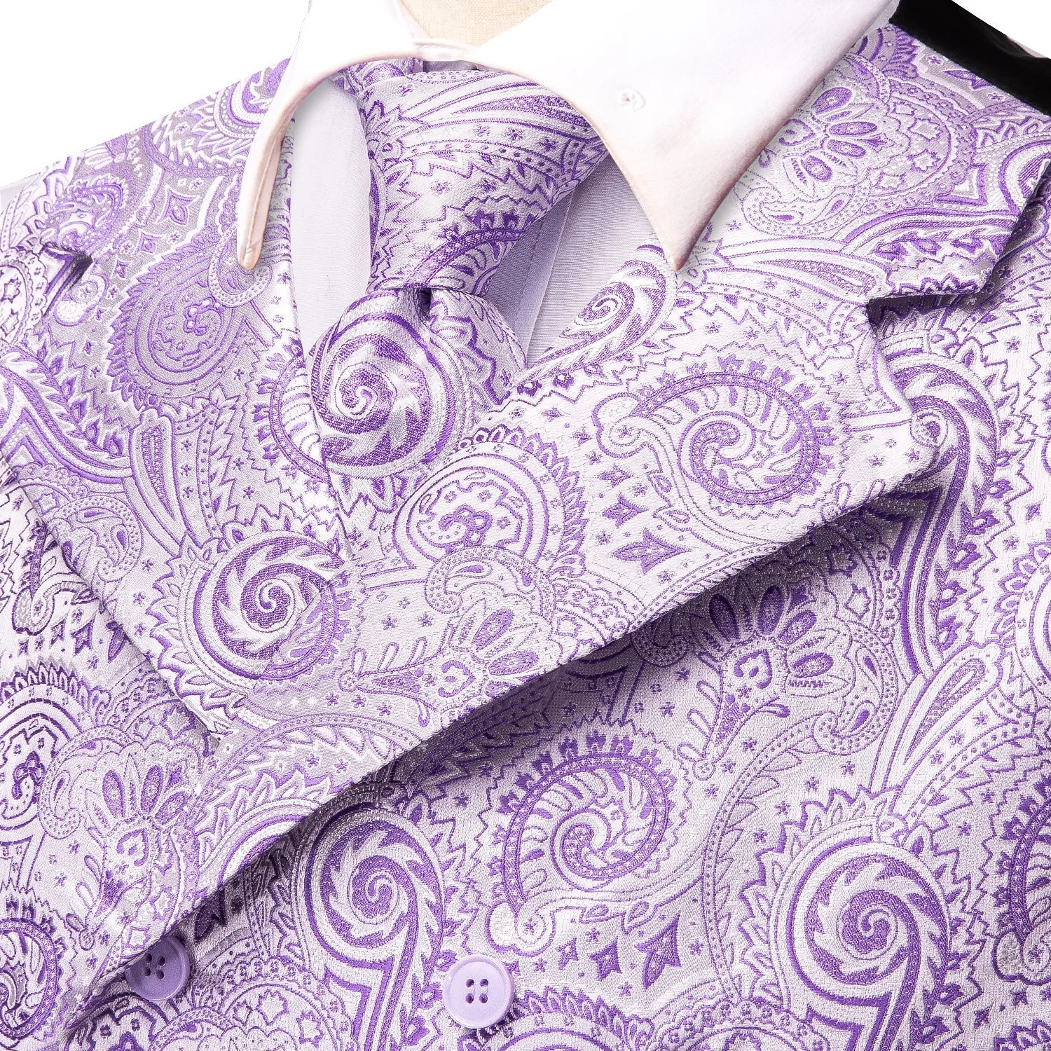 MediumOrchid Lavender Paisley Jacquard Silk Men's Vest Hanky Cufflinks Tie Set