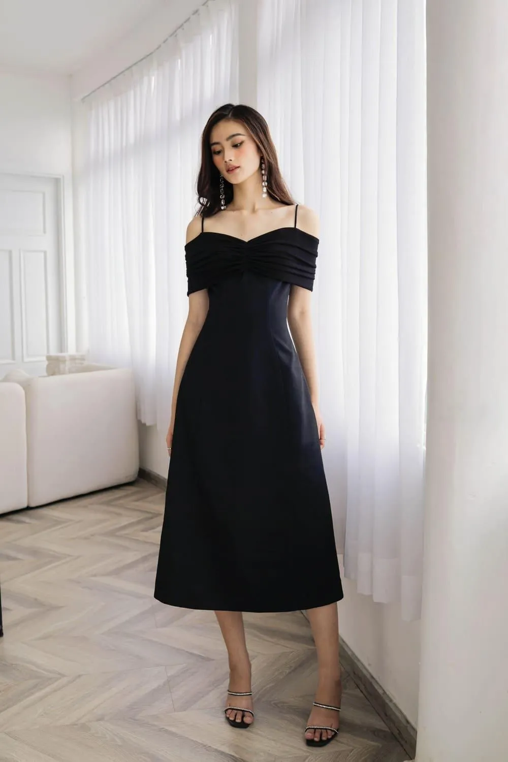 Melia A-line Open Shoulder Taffeta Midi Dress