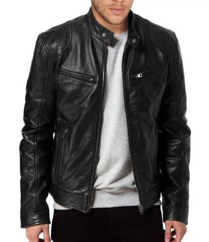 MEN'S CAFE RACER BLACK & BROWN BIKER LEATHER JACKET