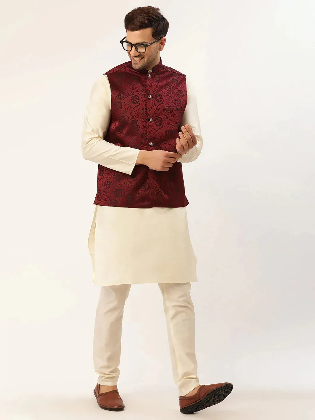 Men'S Maroon & Black Embossed Nehru Jacket