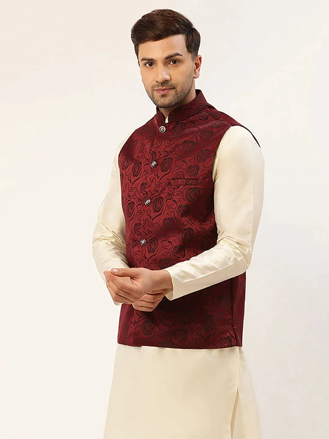 Men'S Maroon & Black Embossed Nehru Jacket