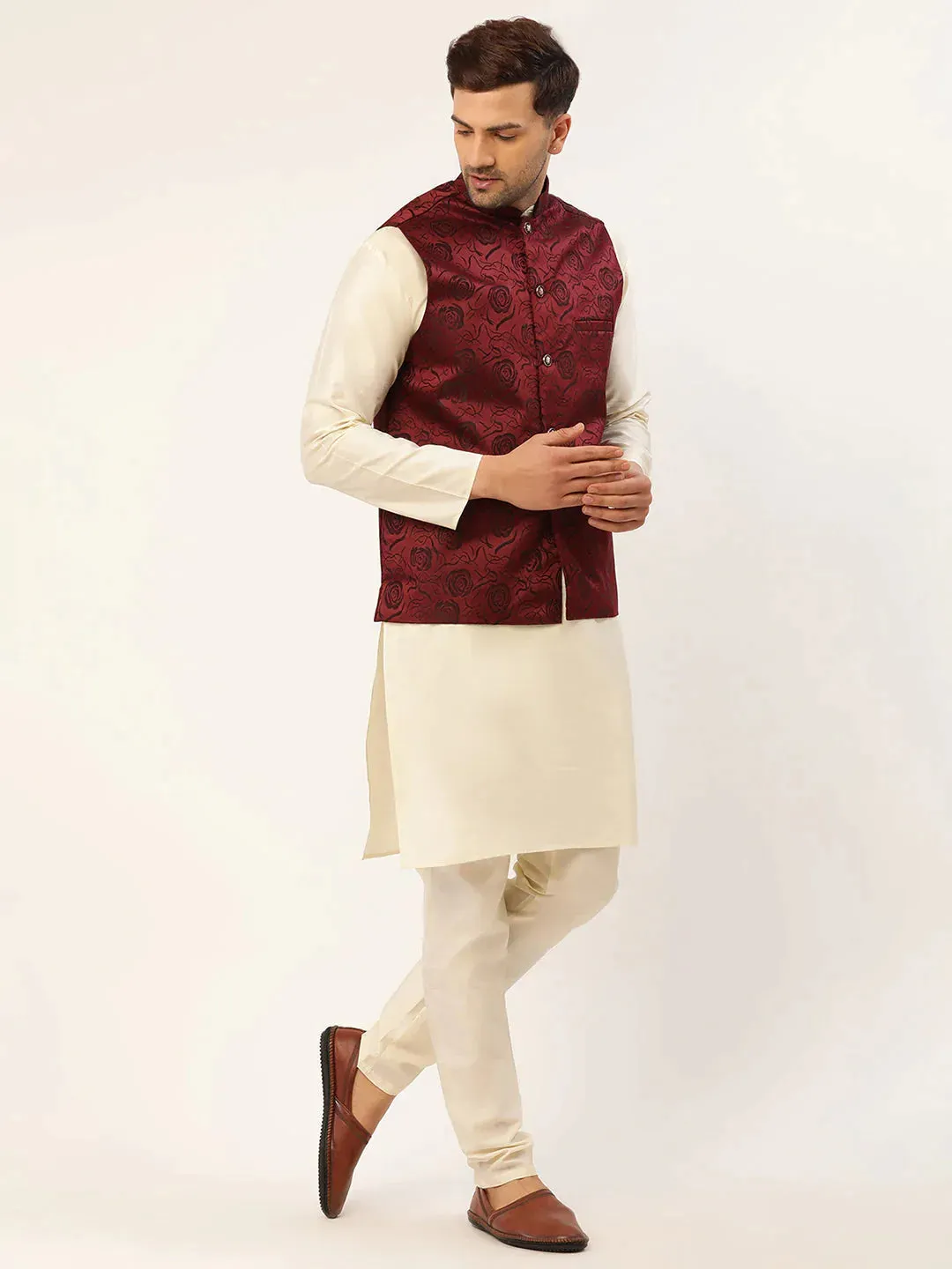 Men'S Maroon & Black Embossed Nehru Jacket