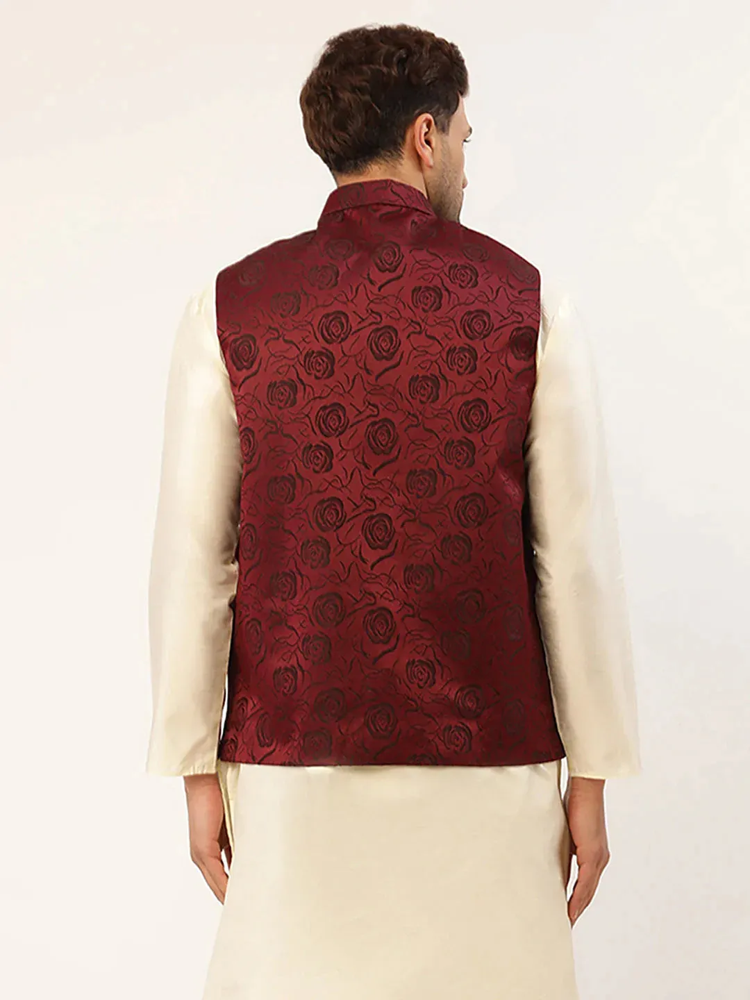 Men'S Maroon & Black Embossed Nehru Jacket