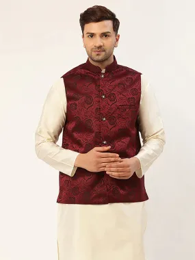 Men'S Maroon & Black Embossed Nehru Jacket