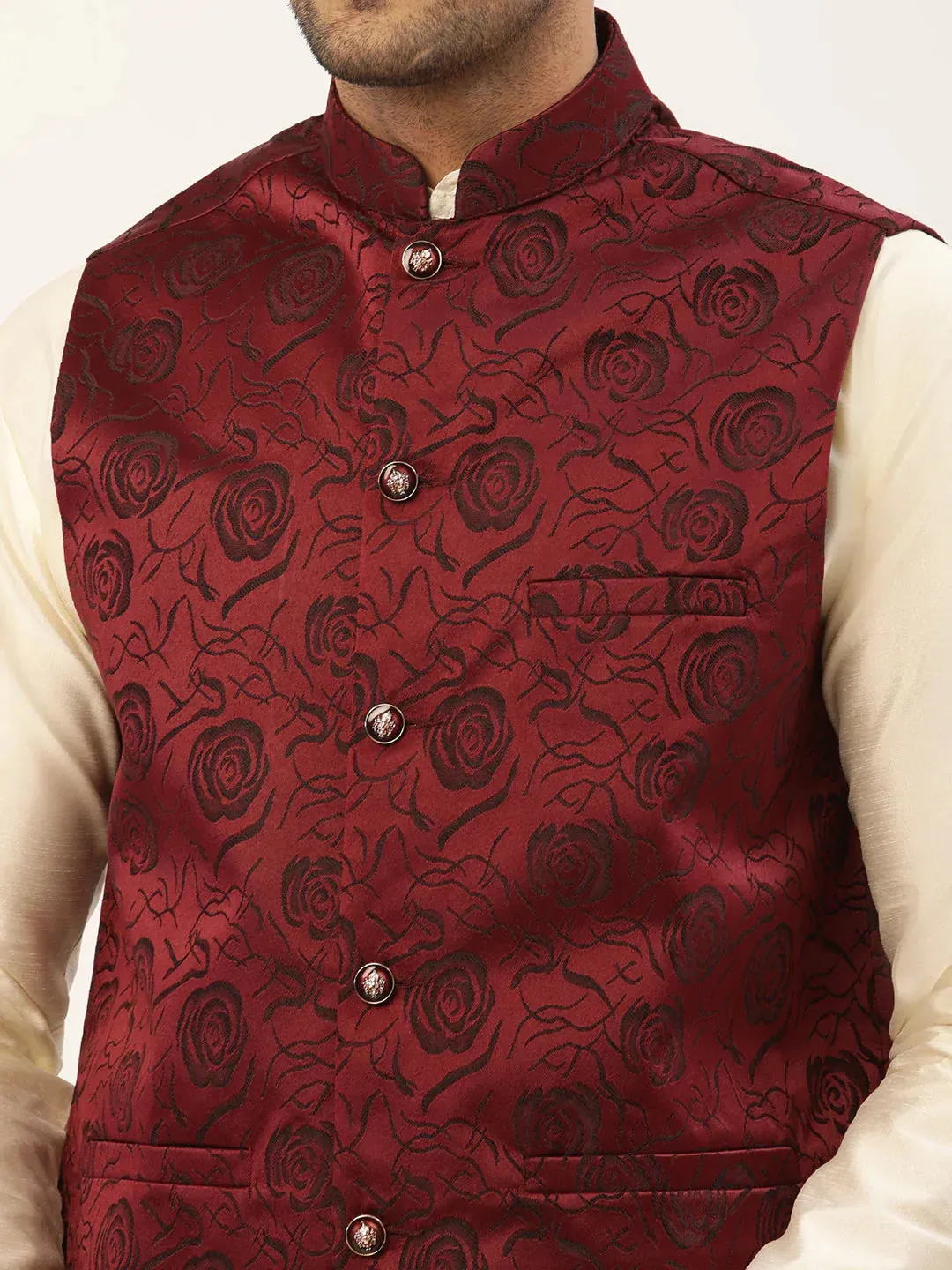 Men'S Maroon & Black Embossed Nehru Jacket