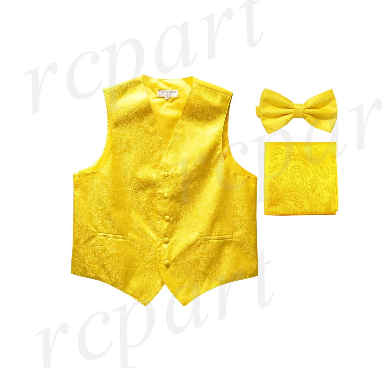 Men's paisley Tuxedo VEST Waistcoat_bowtie & hankie set formal wedding yellow