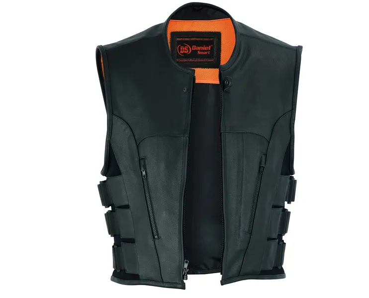 Men's SWAT Team Sytle Leather Motorcycle Vest Solid Back