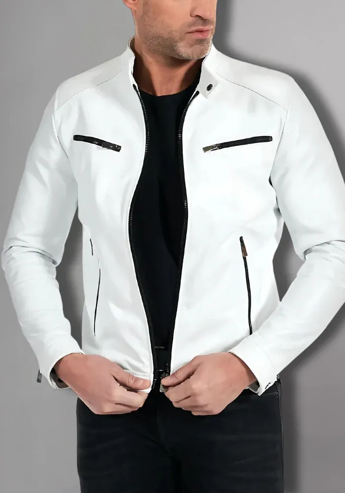 Mens White Biker Vintage Cafe Racer Genuine Leather Jacket