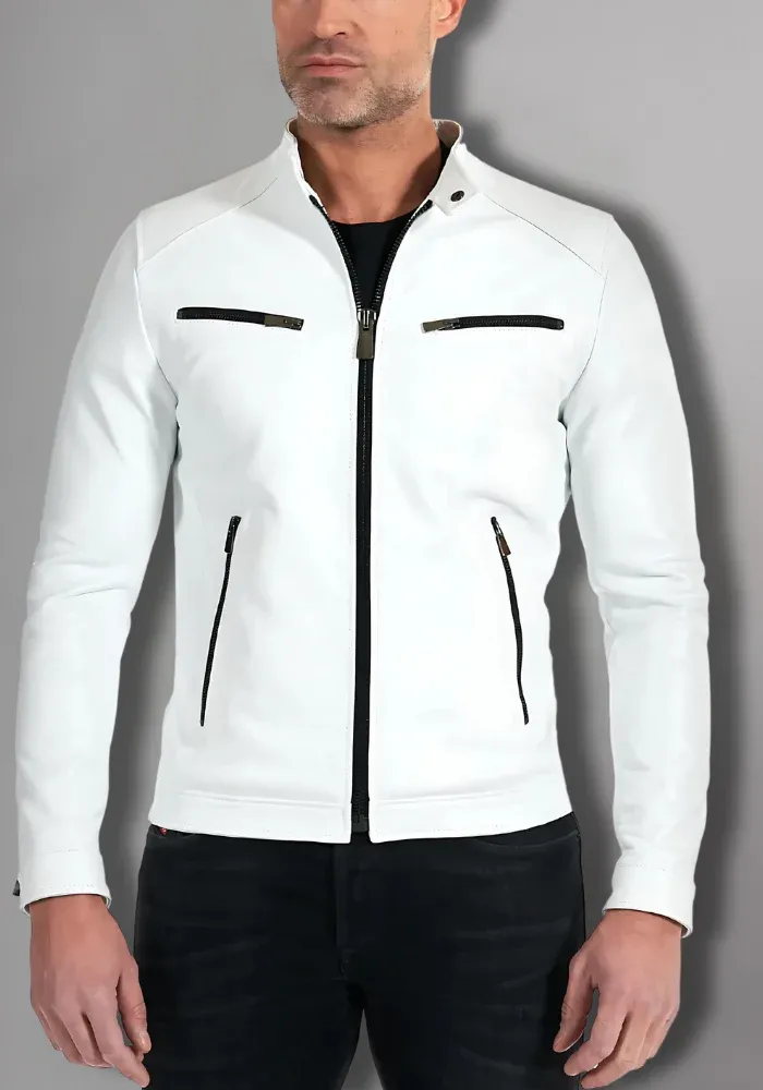 Mens White Biker Vintage Cafe Racer Genuine Leather Jacket