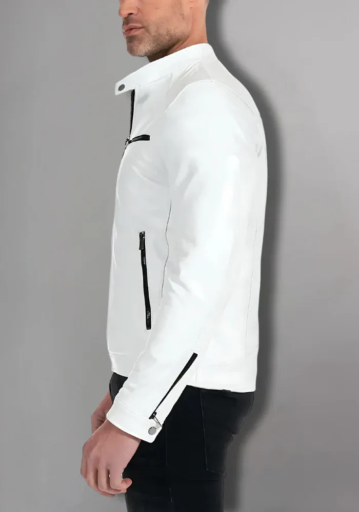 Mens White Biker Vintage Cafe Racer Genuine Leather Jacket