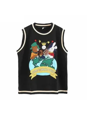 Metaversmall Harajuku Cartoon Bear Embroidery Jacquard Knitted Pullover Women Casual Sweater Vest Spring Sleeveless O-neck Girl Tops