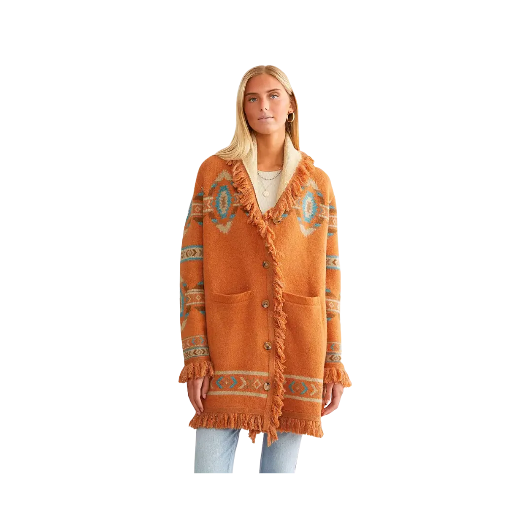 Miss Me Women's Aztec Print Sweater Orange Multi Cardigan