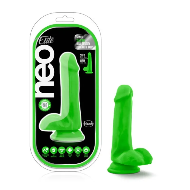 Neo Elite - 6 Inch Silicone Dual Density Cock  With Balls - Neon Green