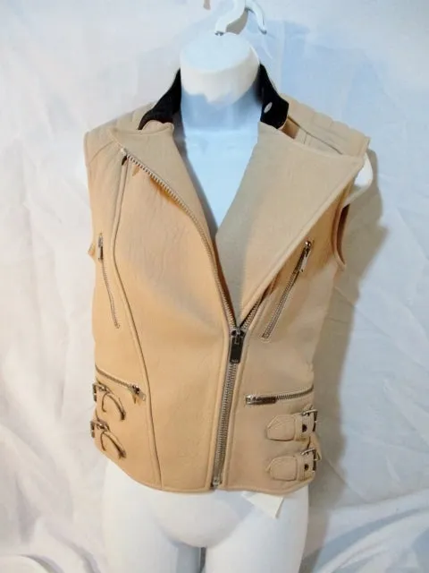 New CELINE PARIS LEATHER Moto Riding vest biker jacket coat 38 NUDE Womens