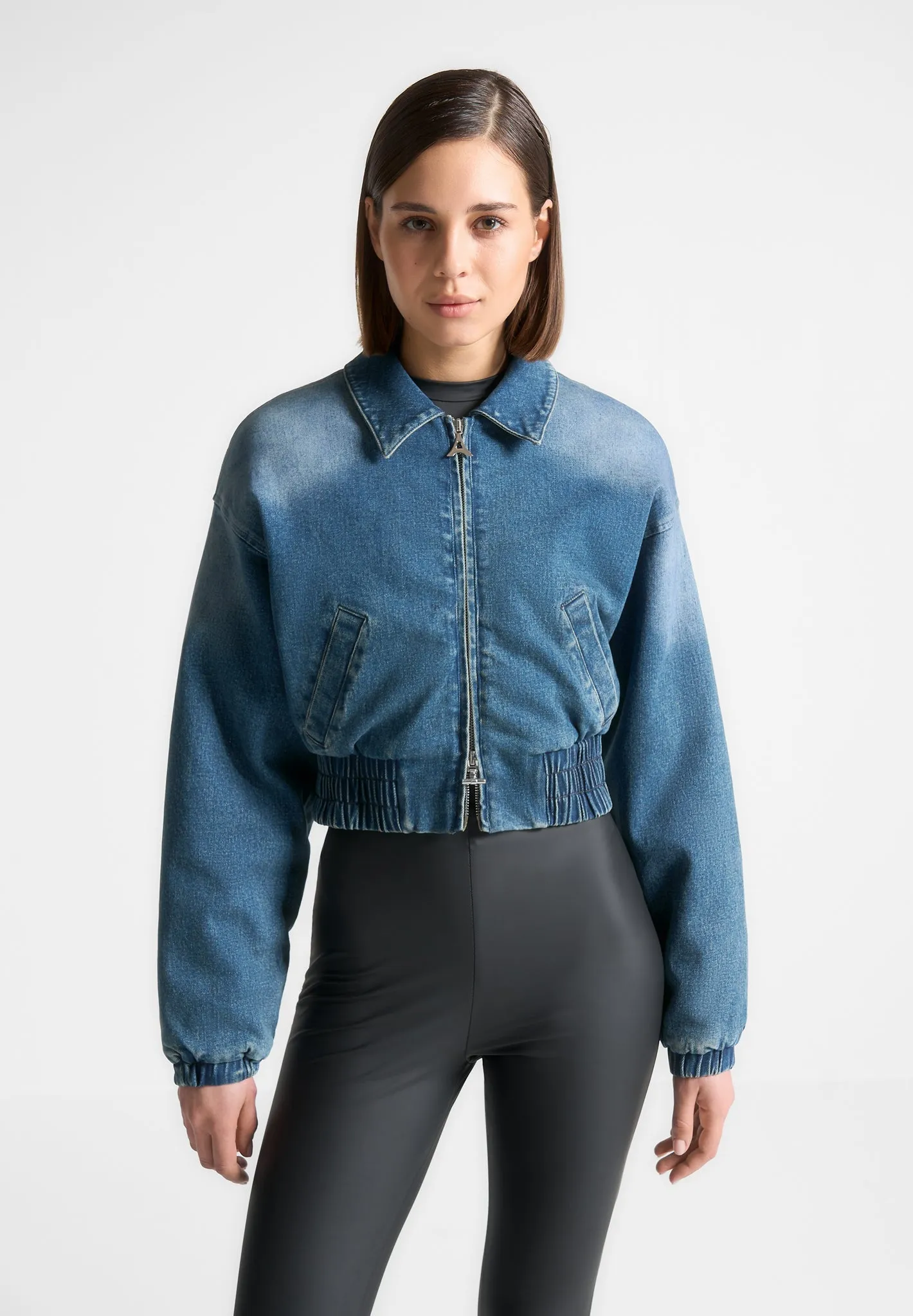 Padded Cropped Denim Bomber Jacket - Mid Blue