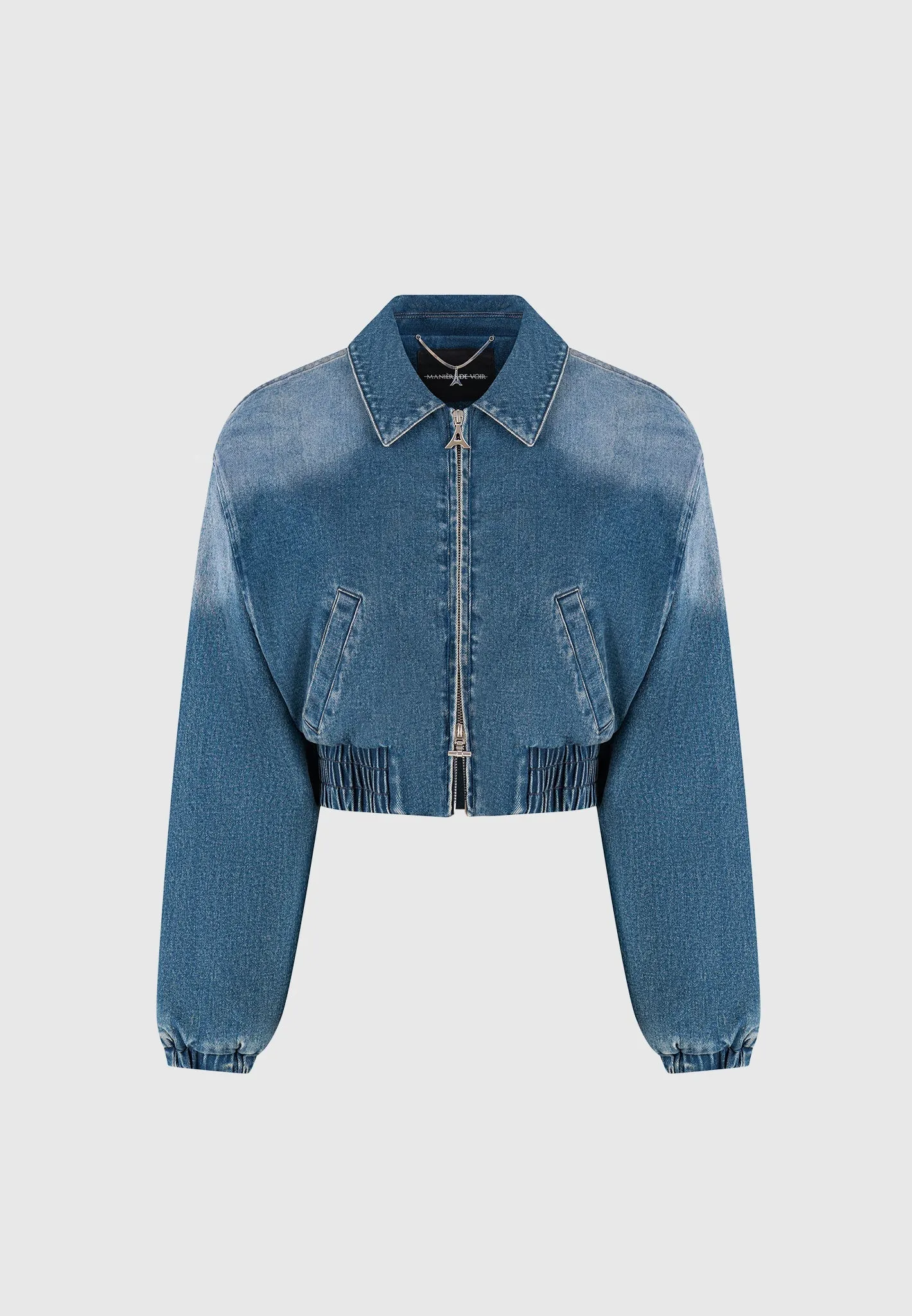 Padded Cropped Denim Bomber Jacket - Mid Blue