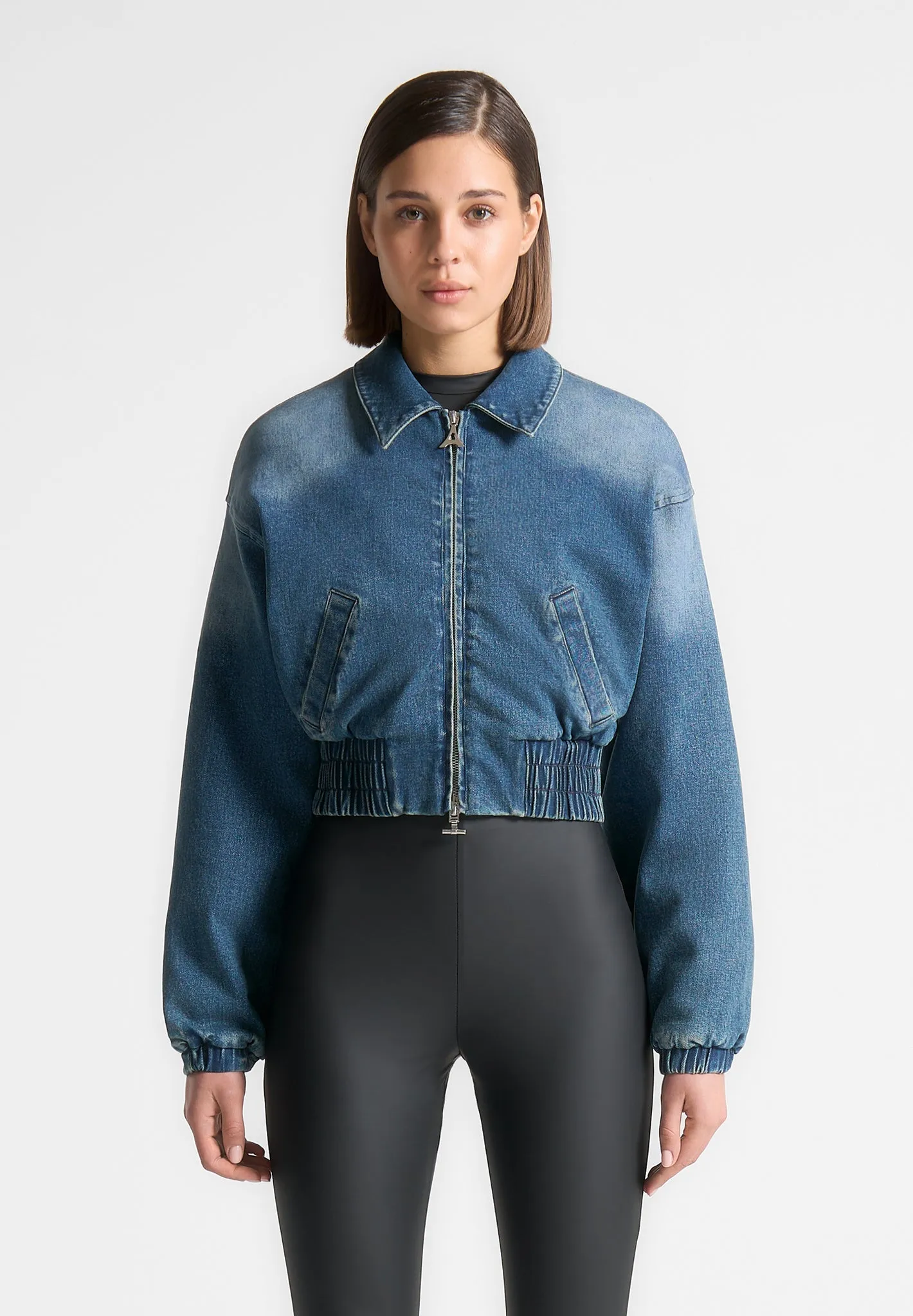 Padded Cropped Denim Bomber Jacket - Mid Blue