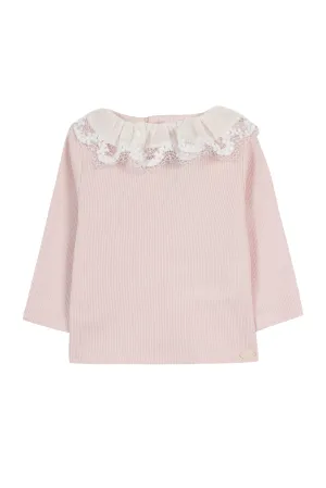 Pale Pink Lace Collar Ribbed Baby Sweater