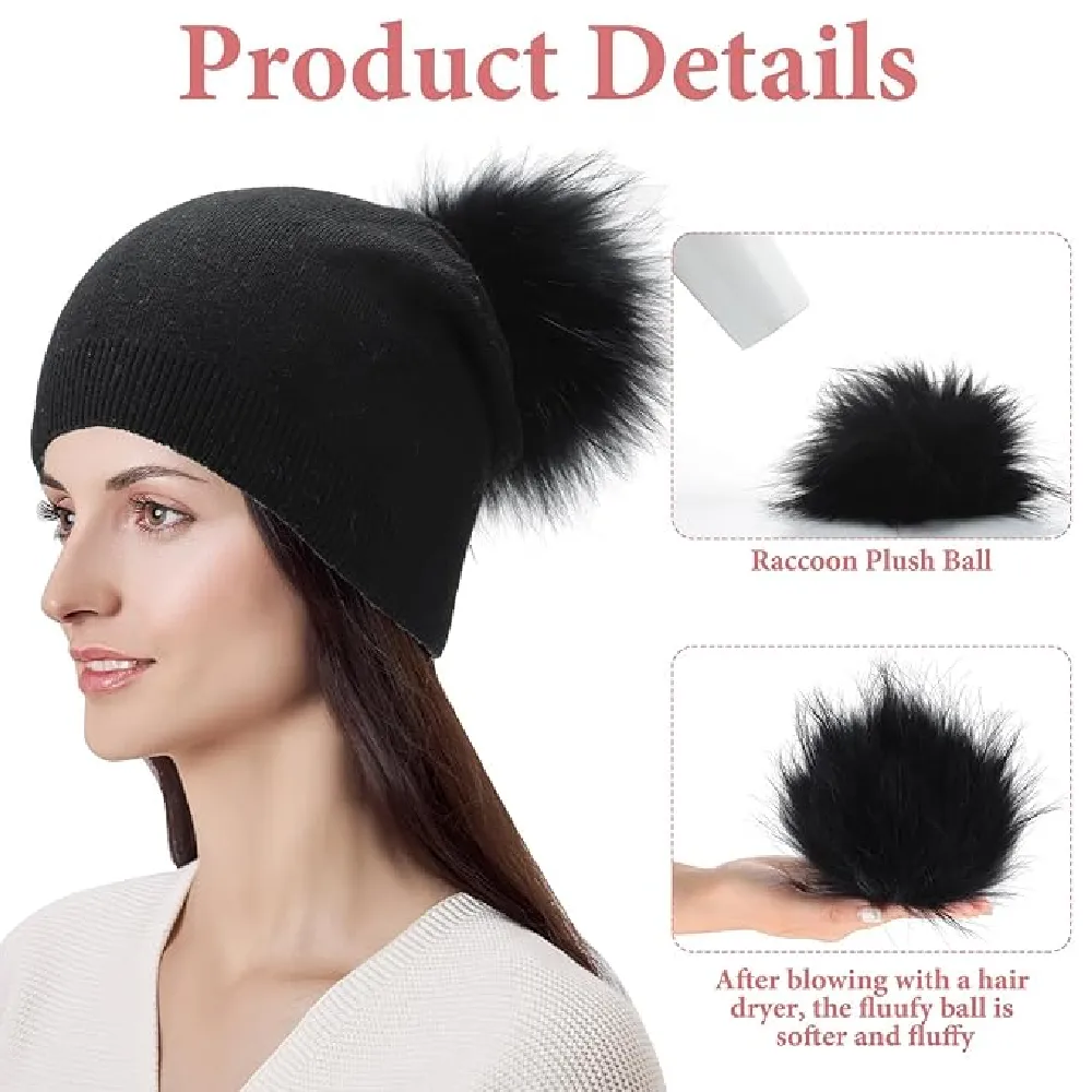 Panitay 4 Pcs Wool Knit Pom Pom Beanie Ribbed Solid Wool Hats with Removable Raccoon