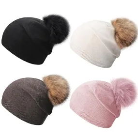 Panitay 4 Pcs Wool Knit Pom Pom Beanie Ribbed Solid Wool Hats with Removable Raccoon