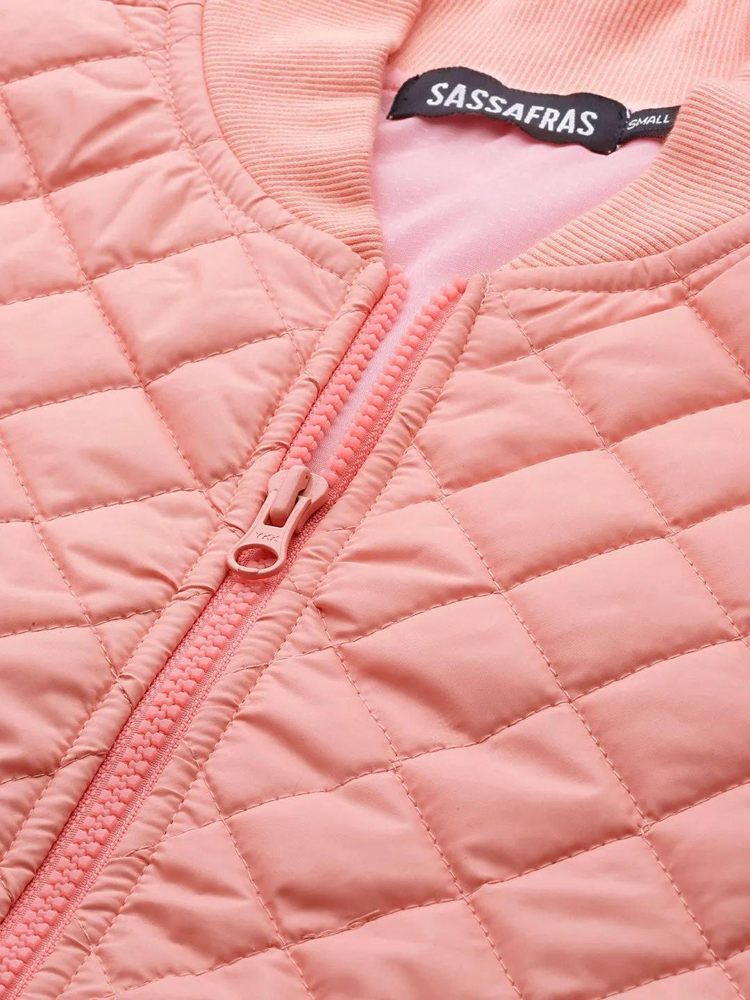 Peach Drawstring Quilted Bomber Jacket