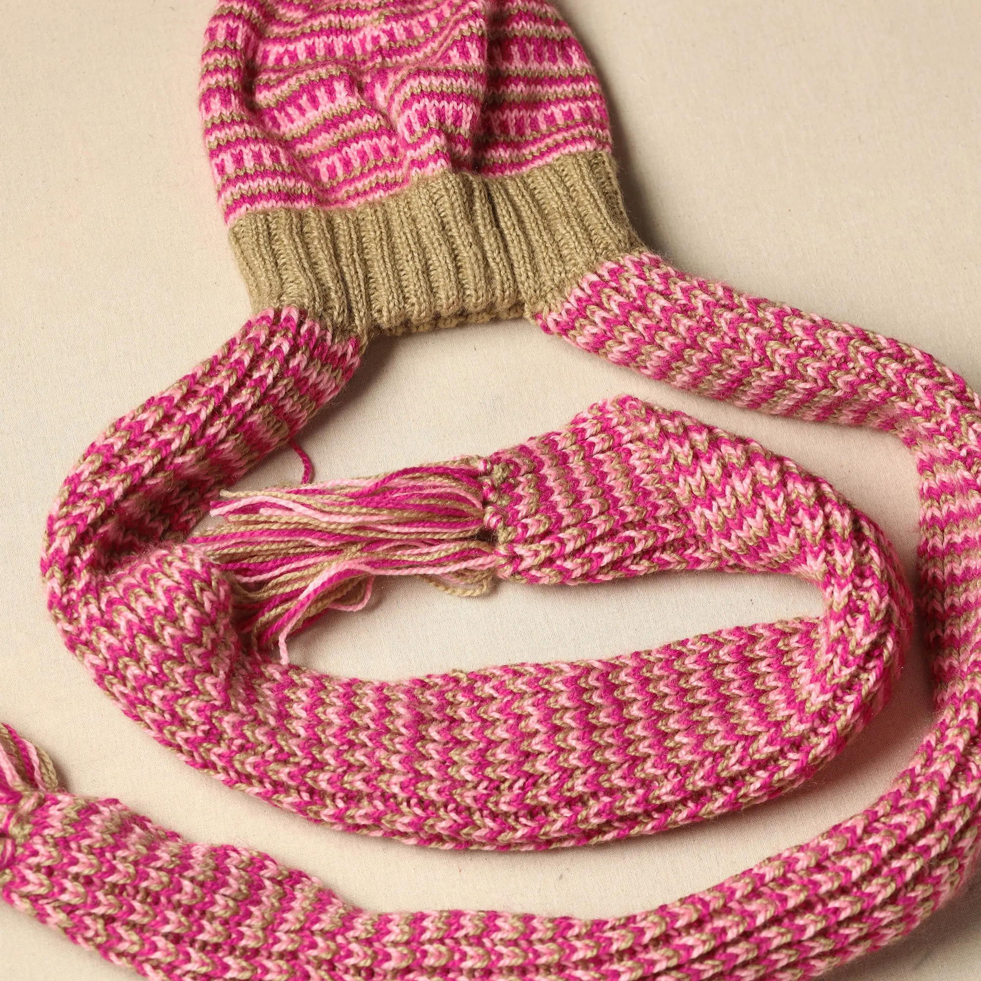 Pink - Kumaun Hand Knitted Woolen Muffler Cap 80