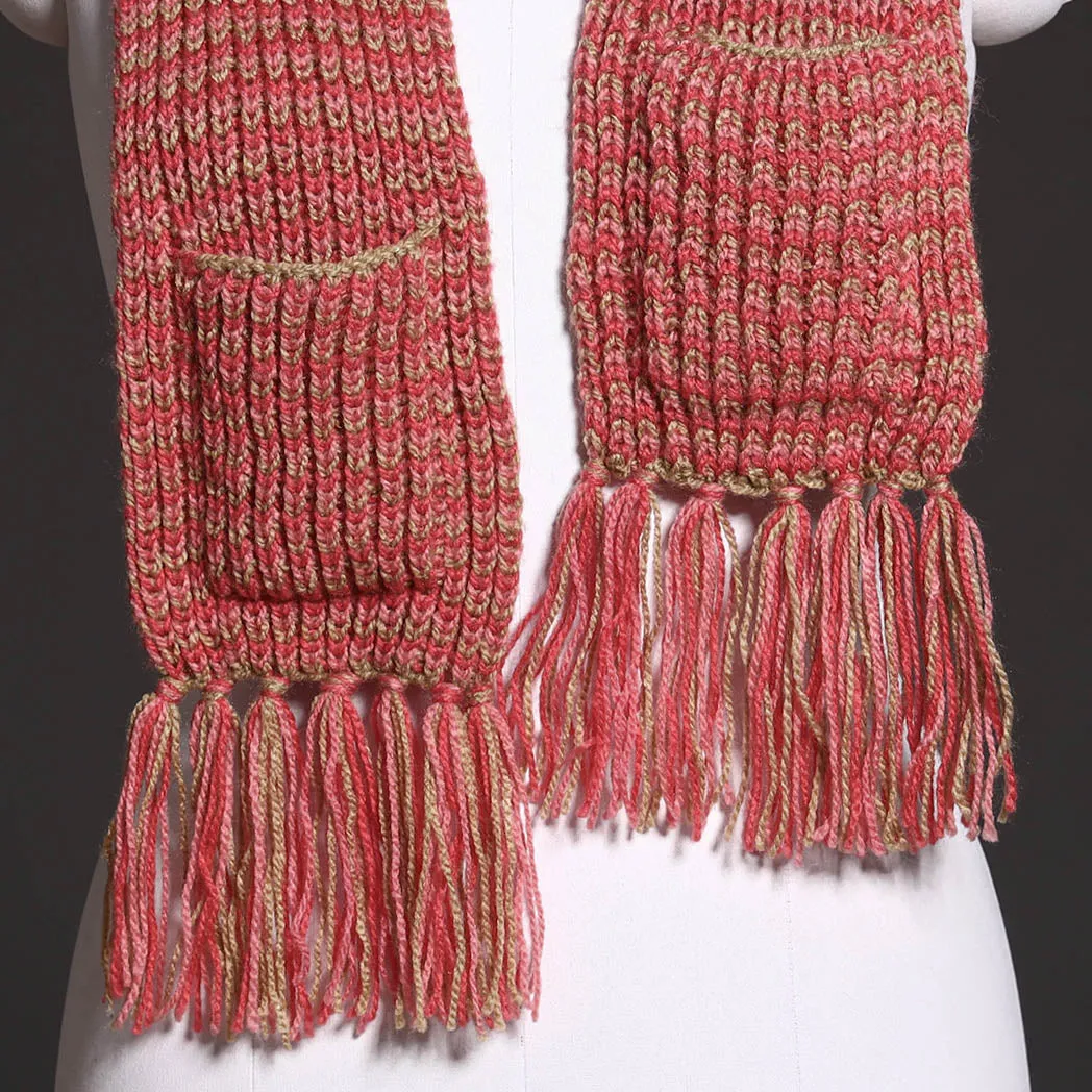 Pink - Kumaun Hand Knitted Woolen Muffler with Pockets