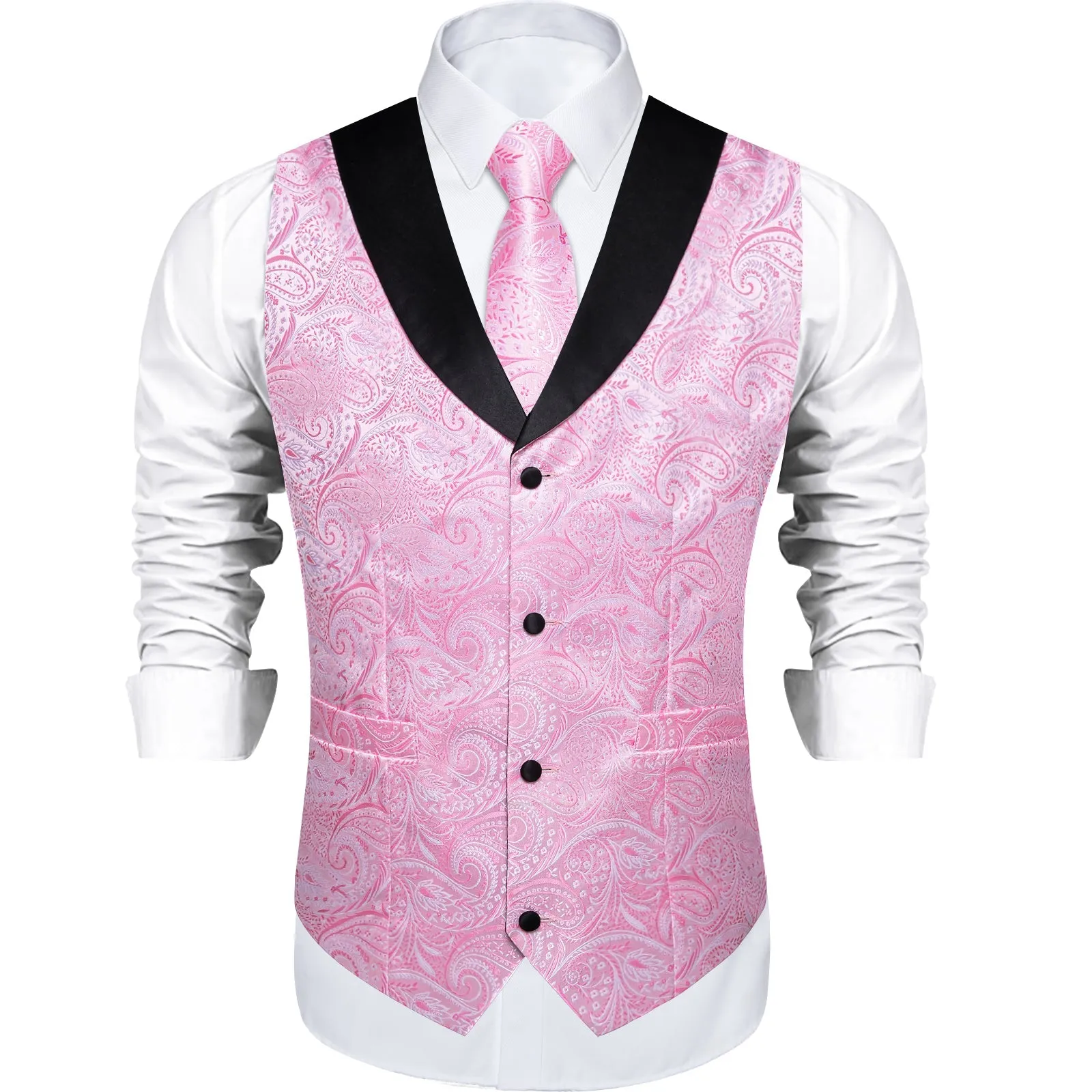 Pink Paisley Black Collar Vest Tie Hanky Cufflinks Set