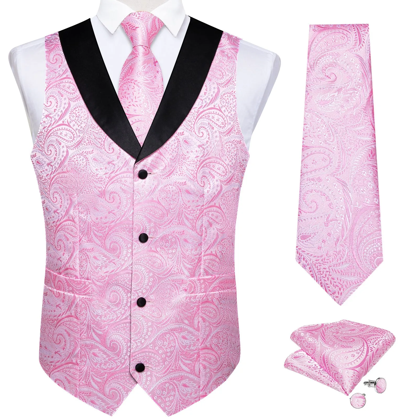 Pink Paisley Black Collar Vest Tie Hanky Cufflinks Set