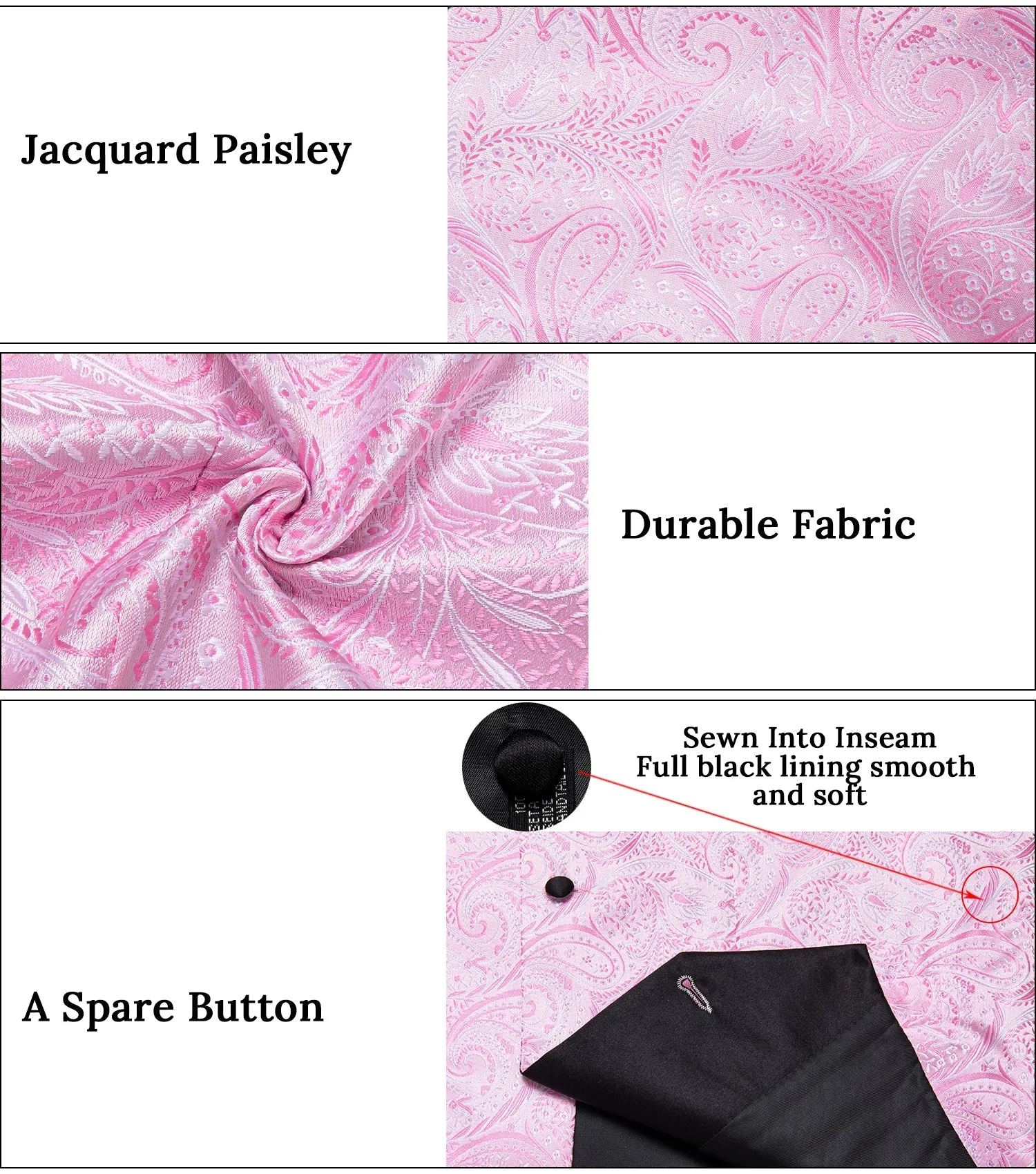 Pink Paisley Black Collar Vest Tie Hanky Cufflinks Set