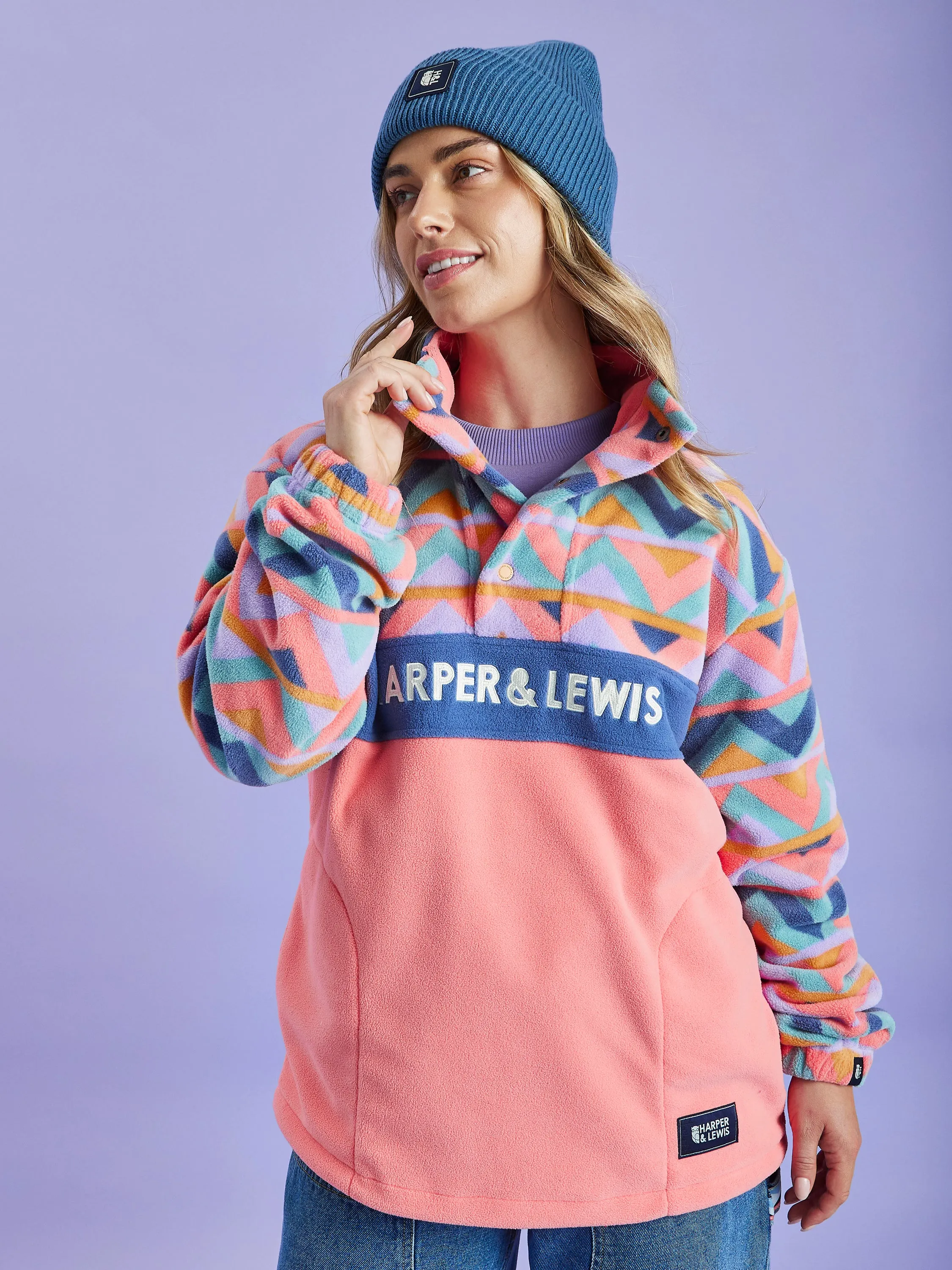 Polar Retro Pattern Popper Neck Fleece Aztec & Coral