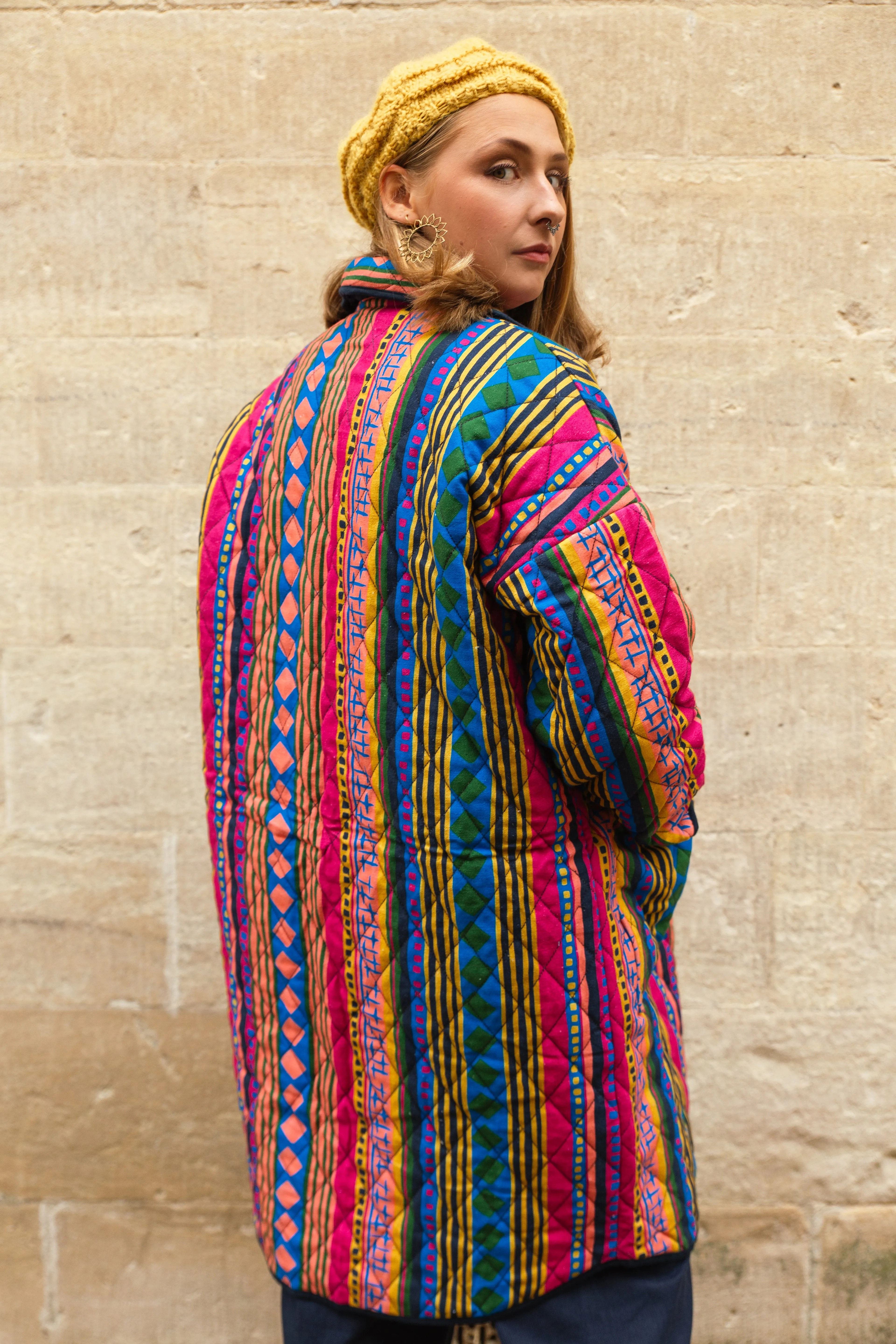 Quilted Overcoat in 'Colourful Cabaret Stripe'