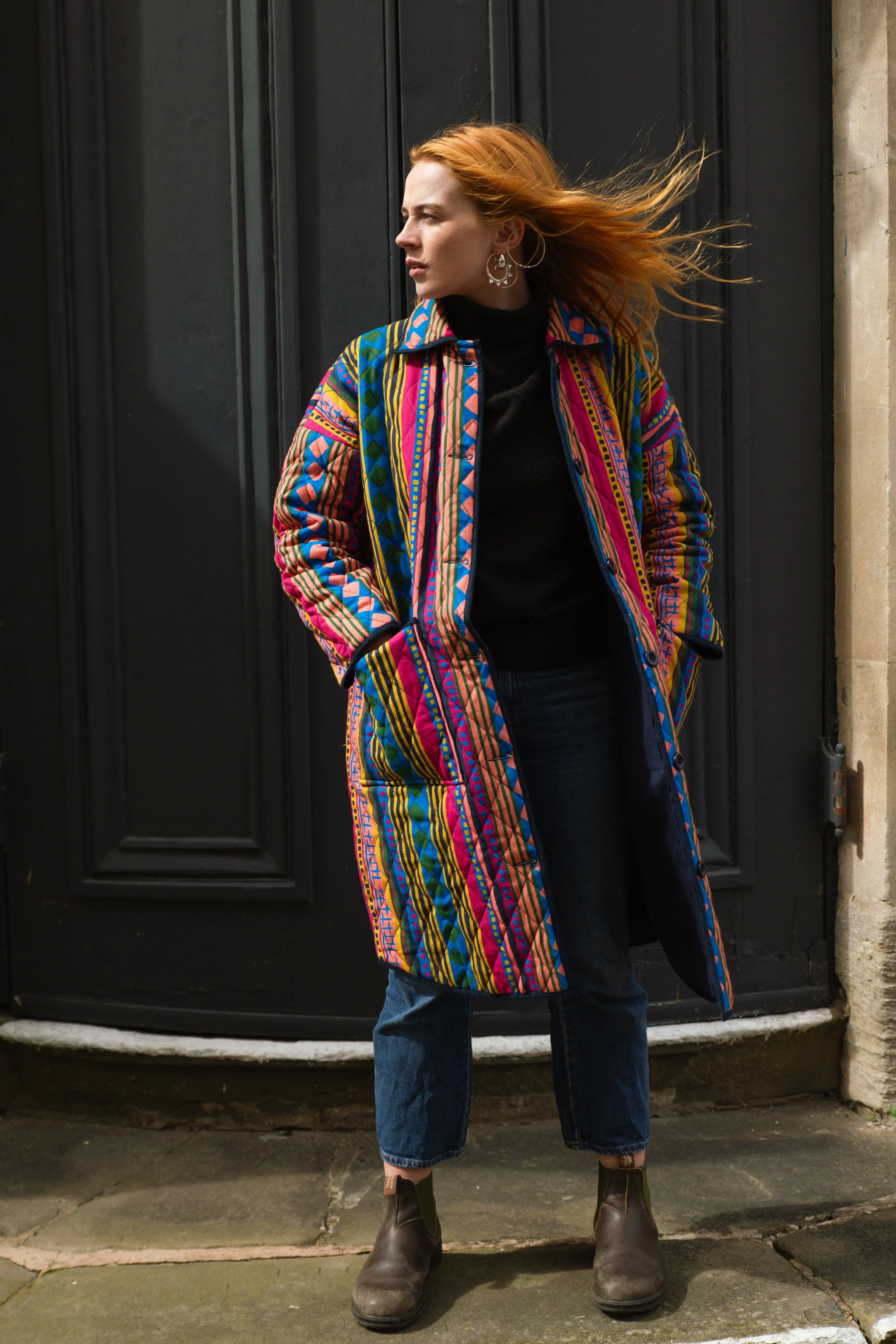 Quilted Overcoat in 'Colourful Cabaret Stripe'